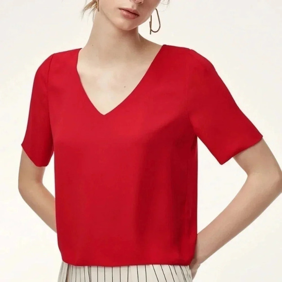 Aritzia Babaton Randy Blouse Top V Neck Shirt Short Sleeve Red - Picture 1 of 11